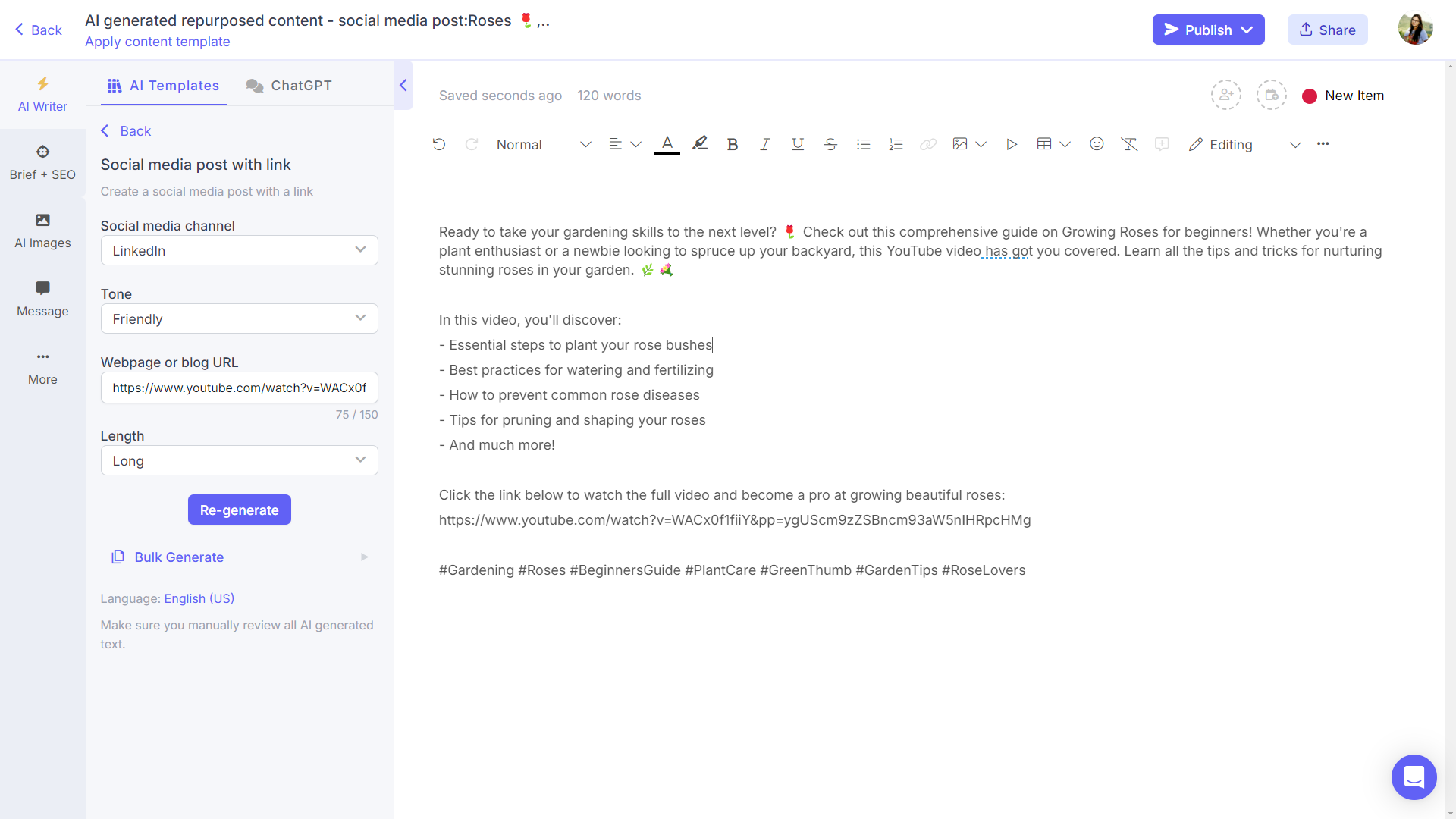AI content repurposing tools on Narrato - Video to social media post